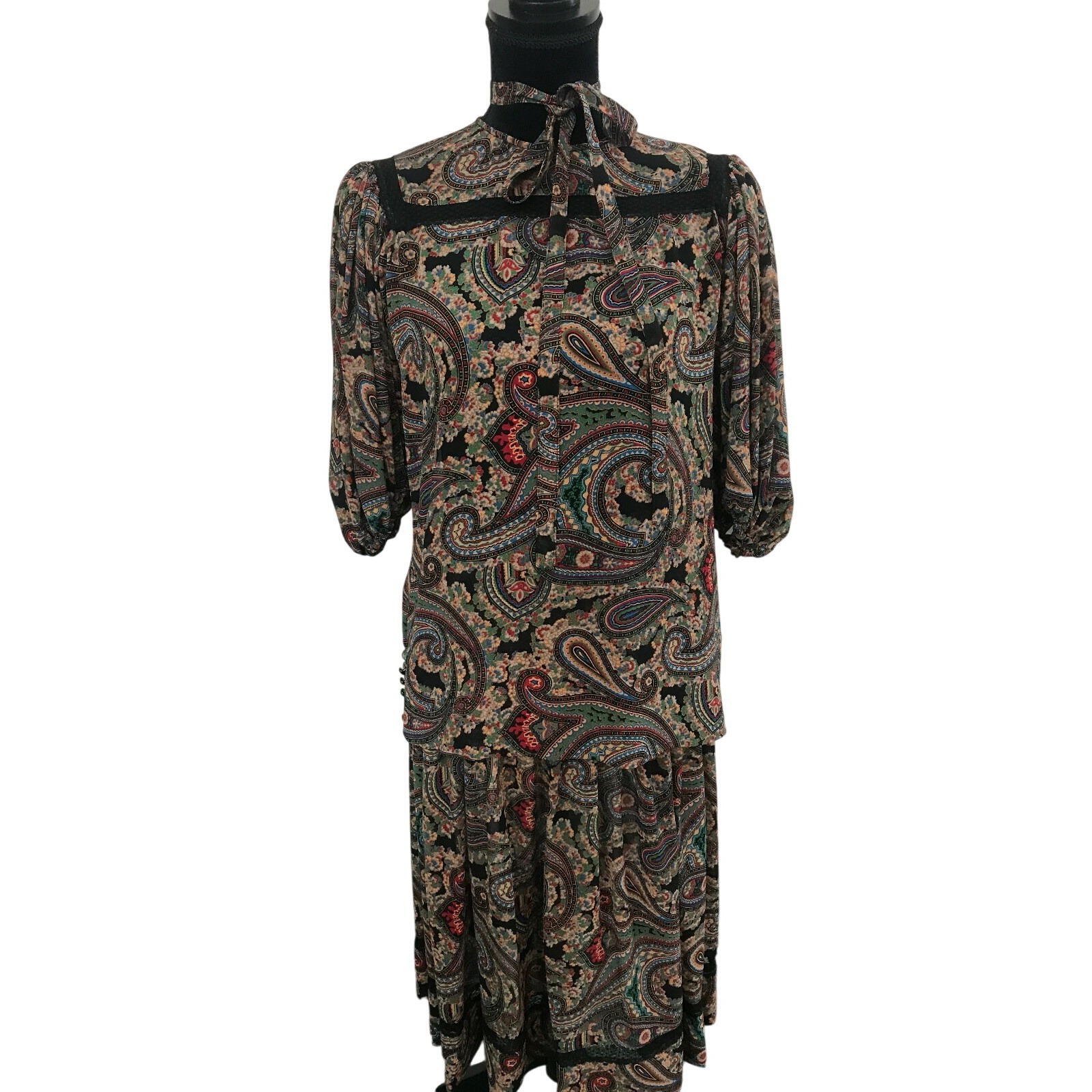 Albert Nipon Vintage 1970s 3 Piece Dress Lace Trim Skirt Top Belt Size 8